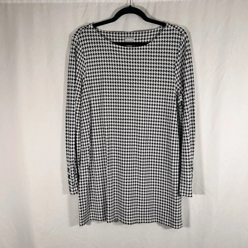 Chico's Blouse Women Large Black White Print Long Sleeve Round Neck Long Shirt